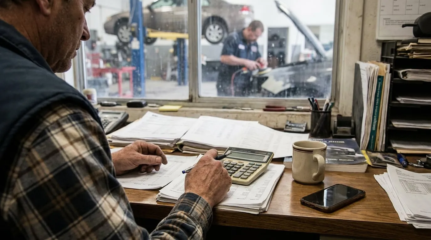 Dueño de un taller haciendo cuentas con calculadora en su oficina, con el área de reparación al fondo