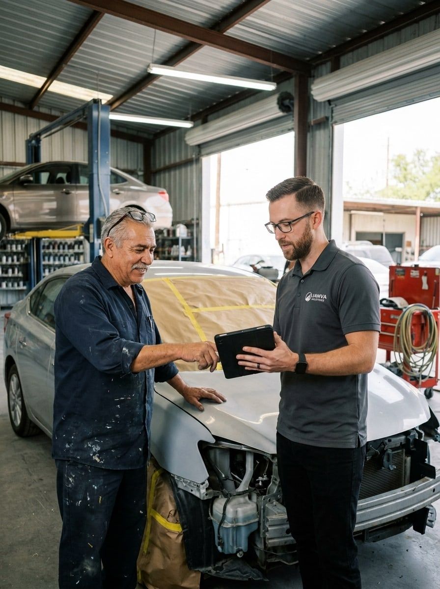 Valuador y dueño de un taller revisando en una tablet las fotos de un siniestro, junto a un auto en reparación