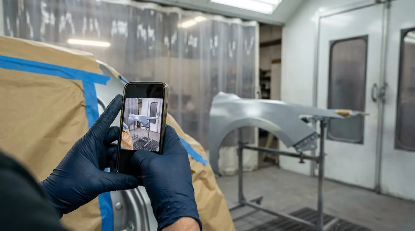 Técnico con guantes fotografiando con su celular una salpicadera recién preparada en el área de pintura