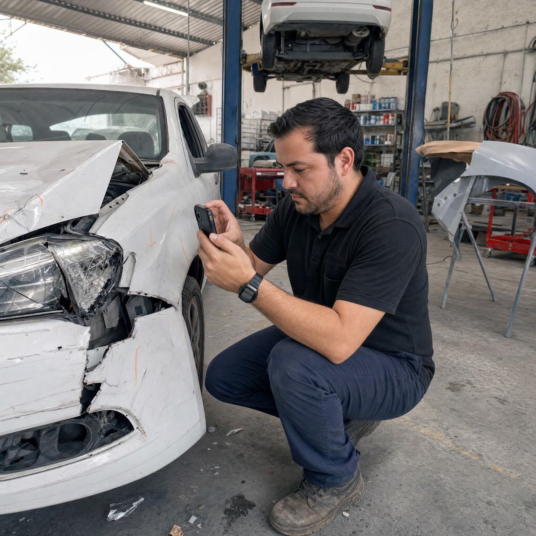 Valuador revisando y fotografiando con su celular el daño frontal de un auto en un taller